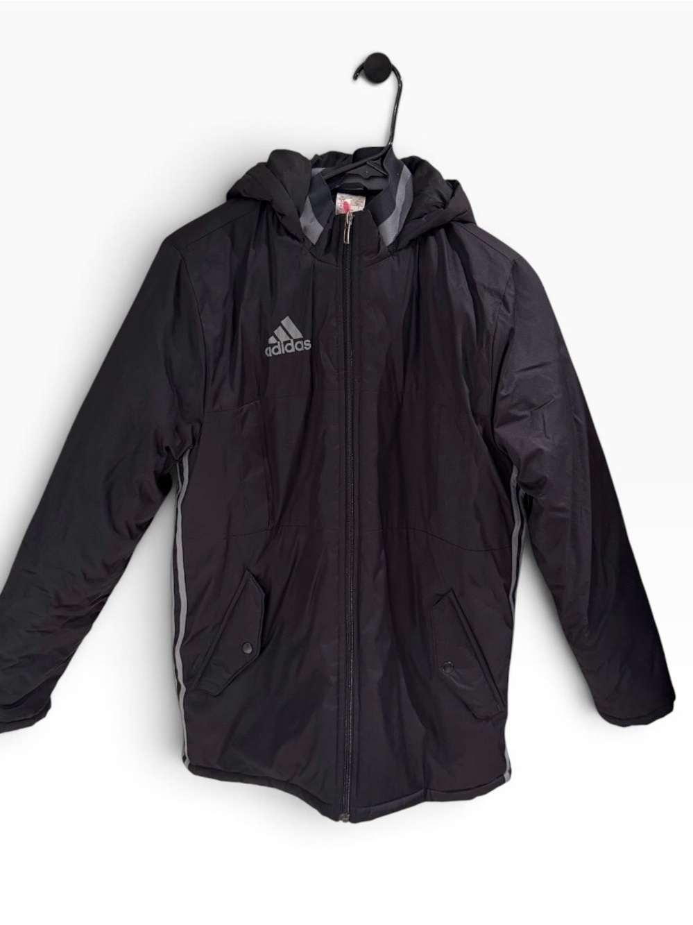 adidas Boys Hooded Full Zip Parka Jacket Black Mid-Length Pockets 13-14Y